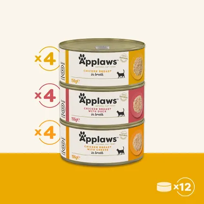 Applaws Katzenfutter, 12 Dosen à 156g: 4x Hühnerbrust in Brühe, 4x Hühnerbrust mit Ente in Brühe, 4x Hühnerbrust mit Käse in Brühe. 100% natürlich.