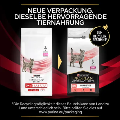 Nouvel emballage pour PURINA PRO PLAN VETERINARY DIETS DM Diabetes Management, texte en allemand : Neue Verpackung. Dieselbe hervorragende Tiernahrung. Zum Recyceln bestimmt.