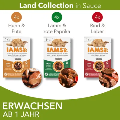 IAMS Land Collection i sås: 4x kyckling & kalkon, 4x lamm & röd paprika, 4x nötkött & lever. För vuxna katter från 1 år. 99 % animaliskt protein, utan tillsatt socker. IAMS Land Collection i sås: 4x kyckling & kalkon, 4x lamm & röd paprika, 4x nötkött & lever. För vuxna katter från 1 år. 99 % animaliskt protein, utan tillsatt socker.