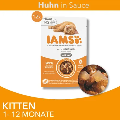 IAMS Kitten 1–12 mois, 12x sachets, poulet en sauce, 99 % protéines animales, alimentation complète et équilibrée, sans sucre ajouté. Texte en anglais et allemand visible sur l’emballage.
