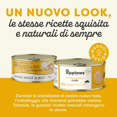 Applaws Chicken Breast in Jelly 70g, due confezioni con nuovo e vecchio design. Testo: Un nuovo look, le stesse ricette squisita e naturali di sempre. Nuovo design.