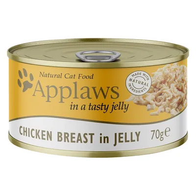 Konzerva Applaws Natural Cat Food, CHICKEN BREAST in JELLY, 70 g. Text: Made with natural ingredients. Zobrazeno kuřecí maso v želé.