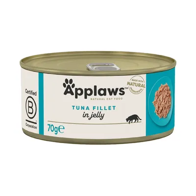 Applaws Natural Cat Food, Tuna Fillet in jelly, 70 g. Prikaz konzerve s tunjevinom u želeu, oznaka Certified B Corporation i natpis Made with natural ingredients.
