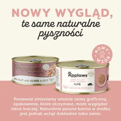 Nowy wygląd opakowania Applaws Tuna Fillet with Salmon in Jelly 70 g. Informacja: zmiana szaty graficznej, zawartość produktu bez zmian.
