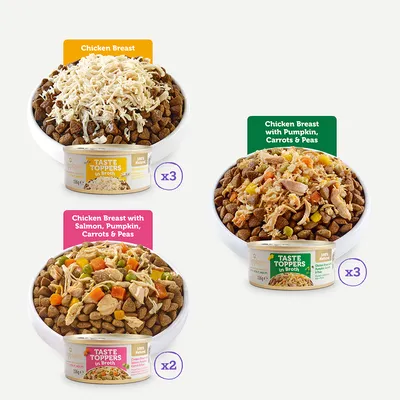 Taste Toppers in Broth: Hähnchenbrust x3, Hähnchenbrust mit Kürbis, Karotten & Erbsen x3, Hähnchenbrust mit Lachs, Kürbis, Karotten & Erbsen x2. 100% natürliche Zutaten.
