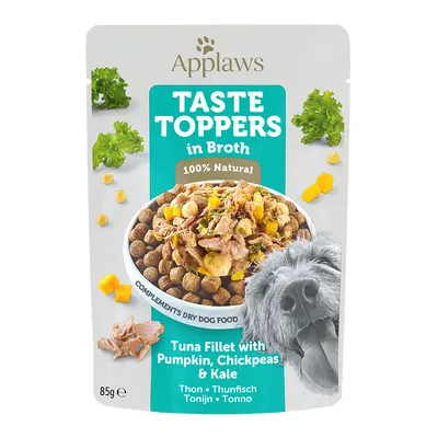 Опаковка Applaws Taste Toppers in Broth, 100% Natural, Tuna Fillet with Pumpkin, Chickpeas & Kale, 85 г. Изображение на купа с храна за кучета и снимка на куче.
