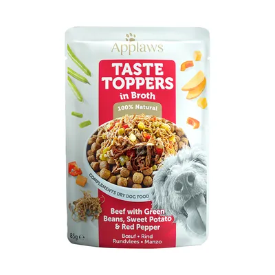 Applaws Taste Toppers in Broth, 100% натурално, с говеждо месо, зелени бобчета, сладки картофи и червена чушка. Добавка към суха храна за кучета, 85g.