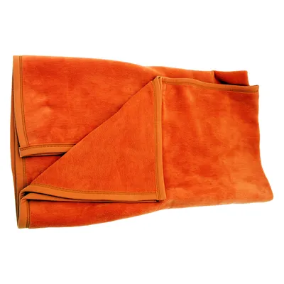 Orange blanket with soft surface and hemmed edges.