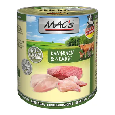 MAC's Kaninchen & Gemüse, 60% Fleischanteil, Getreidefrei, Made in Germany. Fără soia, fără coloranți, fără arome artificiale. Imagine cu carne și legume pe ambalaj.