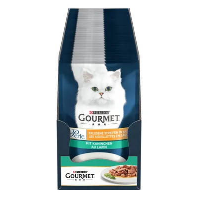 Purina Gourmet Perle, εκλεκτές λωρίδες σε σάλτσα, με κουνέλι. Συσκευασία με λευκό μακρύτριχο γάτο και σερβιρισμένη γατοτροφή.