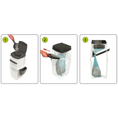 Anleitung zur Verwendung eines Katzenstreu-Entsorgungssystems: 1. Streu mit Schaufel einfüllen, 2. Beutel verschliessen, 3. Beutel entnehmen und entsorgen.