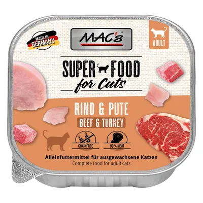 MAC's Super Food for Cats, hovězí a krůta, vyrobeno v Německu, dospělé, bez obilovin, 99 % masa, kompletní krmivo pro dospělé kočky.