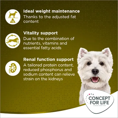 Testo in inglese: Ideal weight maintenance, Vitality support, Renal function support. Marchio Concept for Life con immagine di cane bianco.