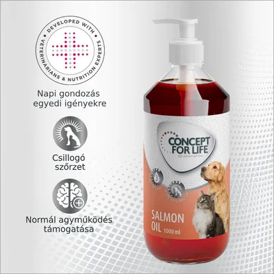 CONCEPT FOR LIFE Salmon Oil 1000 ml flakon, kutya és macska képe, feliratok: Napi gondozás egyedi igényekre, Csillogó szőrzet, Normál agyműködés támogatása.