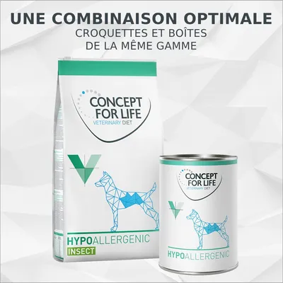 Concept for Life Veterinary Diet Hypoallergenic Insect, croquettes et boîte pour chien. Texte visible : Une combinaison optimale, croquettes et boîtes de la même gamme.