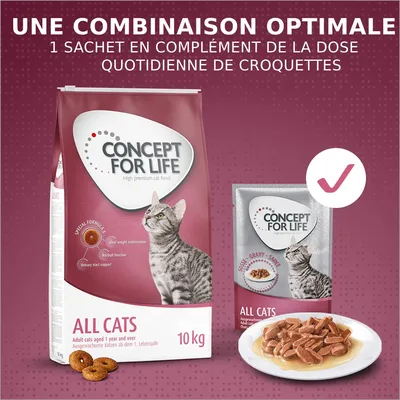 Concept for Life All Cats 10 kg croquettes et sachet repas en sauce, texte : une combinaison optimale, 1 sachet en complément de la dose quotidienne de croquettes.
