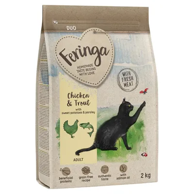 Feringa Duo Adult cat food, chicken & trout with sweet potatoes and parsley, grain-free, with fresh meat, authentic taste, with salmon oil, 2 kg pack.