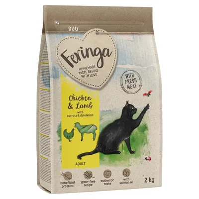 Feringa Chicken & Lamb with carrots & dandelion, with fresh meat, recette sans céréales, huile de saumon, 2 kg. Illustration chat noir et pictogrammes sur l'emballage.
