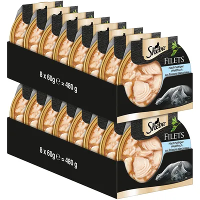Confezione Sheba Filets, 16 vaschette da 60 g (totale 960 g), visibile testo: '8 x 60g = 480 g', immagine di gatto e filetti di pesce bianco su ogni confezione.