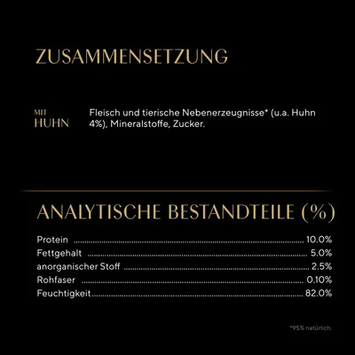 Zusammensetzung: Fleisch und tierische Nebenerzeugnisse (u.a. Huhn 4%), Mineralstoffe, Zucker. Analytische Bestandteile: Protein 10%, Fettgehalt 5%, anorganischer Stoff 2.5%, Rohfaser 0.1%, Feuchtigkeit 82%.