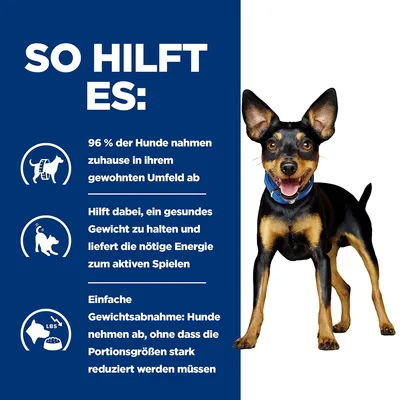 Texte en allemand : 96 % der Hunde nahmen zuhause in ihrem gewohnten Umfeld ab. Hilft dabei, ein gesundes Gewicht zu halten und liefert die nötige Energie zum aktiven Spielen. Einfache Gewichtsabnahme: Hunde nehmen ab, ohne dass die Portionsgrößen stark reduziert werden müssen.