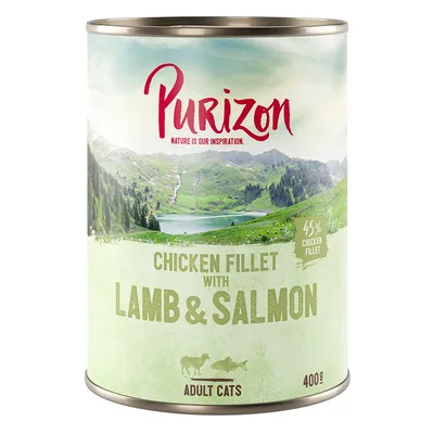 Purizon Chicken Fillet with Lamb & Salmon, 45 % chicken fillet, Adult Cats, 400 g. Texte en anglais.