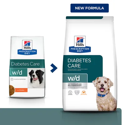 Hill's Prescription Diet Diabetes Care w/d hundefoder, gammel og ny emballage. Tekst: NEW FORMULA. Synlige mærker: CLINICAL NUTRITION, VETERINARIAN RECOMMENDED, S+OX SHIELD.
