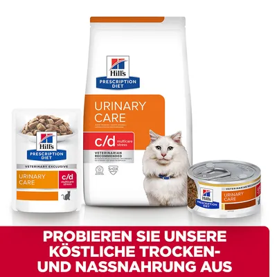 Hill's Prescription Diet Urinary Care c/d Multicare Stress. Probieren Sie köstliche Trocken- und Nassnahrung aus. Veterinär empfohlen, S+OX Schild für Harnwegsgesundheit.