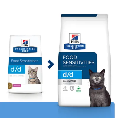 Dwa opakowania karmy Hill's Prescription Diet d/d Food Sensitivities dla kotów, widoczna zmiana szaty graficznej. Na obu opakowaniach logo marki i wizerunek kota. Dwa opakowania karmy Hill's Prescription Diet d/d Food Sensitivities dla kotów, widoczna zmiana szaty graficznej. Na obu opakowaniach logo marki i wizerunek kota.