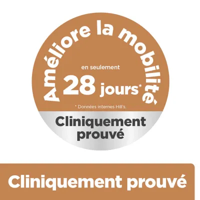 Améliore la mobilité en seulement 28 jours. Cliniquement prouvé. Données internes de Hill's. Améliore la mobilité en seulement 28 jours. Cliniquement prouvé. Données internes de Hill's.