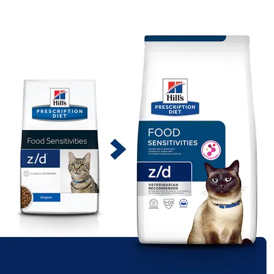 Hill's Prescription Diet z/d Food Sensitivities kissanruokapakkausten ulkoasun muutos: vanha ja uusi pakkaus, molemmissa kissakuva ja tuoteteksti englanniksi.