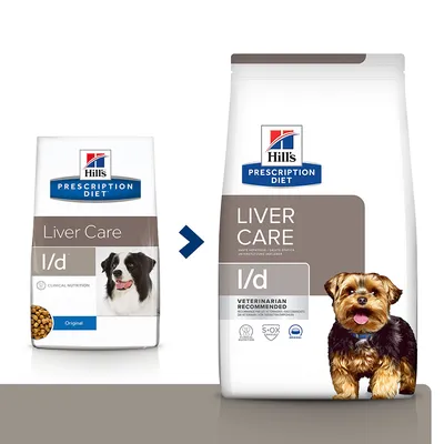 To poser Hill's Prescription Diet Liver Care l/d hundefoder. Tekst på emballage: 'CLINICAL NUTRITION', 'VETERINARIAN RECOMMENDED', billeder af to forskellige hunde.