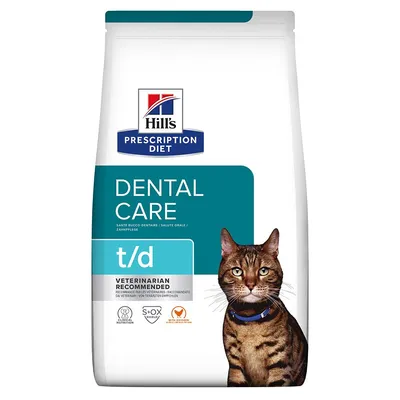 Confezione Hill's Prescription Diet Dental Care t/d per gatti, testo visibile: 'Veterinarian recommended', simboli Clinical Nutrition, S+OX Shield, cuore arancione.
