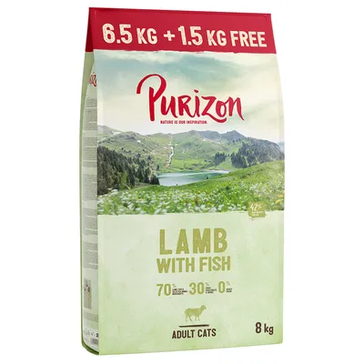 Purizon dry food for adult cats, lamb with fish variety, 8 kg. 6.5 kg + 1.5 kg free. 70% animal ingredients, 30% vegetables, 0% grain.