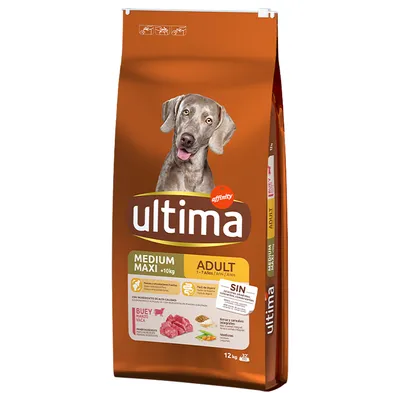 Ultima Medium Maxi Adult -koiranruoka, 12 kg pakkaus. Näkyvissä naudanlihan ja vihannesten kuvat sekä tekstit: 'ADULT 1–7 años', 'BUEY VACA', 'SIN colorantes conservantes'.