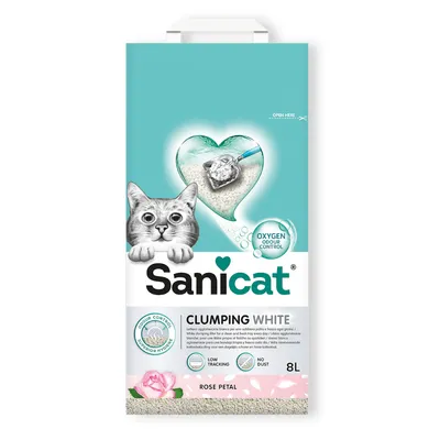 Sac de litière pour chat Sanicat Clumping White 8L, contrôle des odeurs par oxygène, faible traçage, sans poussière, parfum Rose Petal. Texte visible : OXYGEN ODOUR CONTROL.
