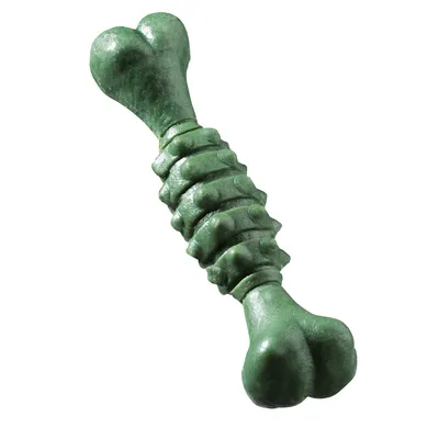 Groen kauwbot in botvorm met geribbelde middenstuk, geschikt voor kauwactiviteiten.
