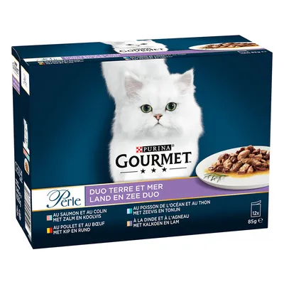 Purina Gourmet Perle Duo Terre et Mer, kattmat, sorter: lax & kolja, kyckling & nötkött, oceanfisk & tonfisk, kalkon & lamm. Förpackning med 12x85g.