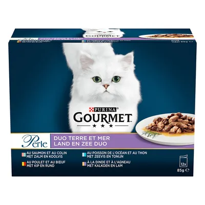 Упаковка Purina Gourmet Perle Duo Terre et Mer для кошек, 12×85 г. Видны варианты: лосось и минтай, курица и говядина, океаническая рыба и тунец, индейка и ягненок.