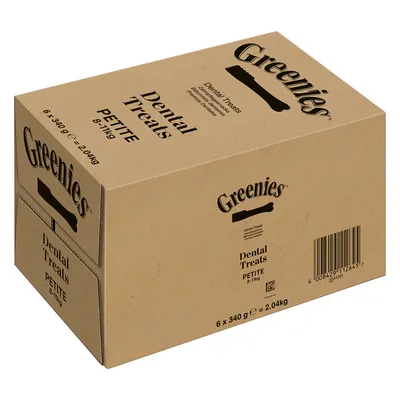 Greenies Dental Treats PETITE 8–11 kg, 6 x 340 g = 2,04 kg. Brun papkasse med stregkode og produktnavn synligt på flere sider.