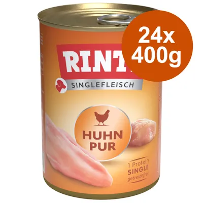 RINTI Singlefleisch Huhn Pur, sem cereais, 1 proteína. Tamanho da embalagem: 24x400g.