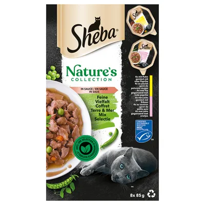 Sheba Nature's Collection в сос, фина селекция, 8x85g. Сертифицирано устойчиво MSC. Вкусове: пиле, сьомга, риба тон с зеленчуци. Опаковката показва сива котка и грах.