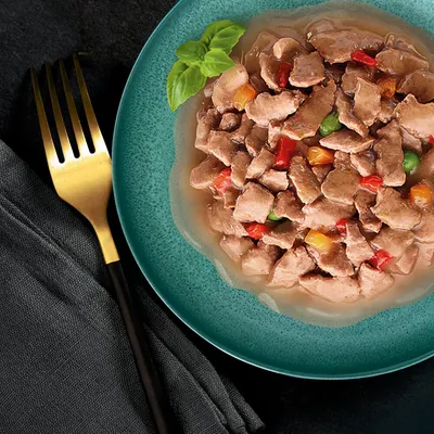 Chunks of wet pet food with red, green and yellow pieces in gravy on a green plate, basil garnish visible. Gold fork and black napkin beside the plate.