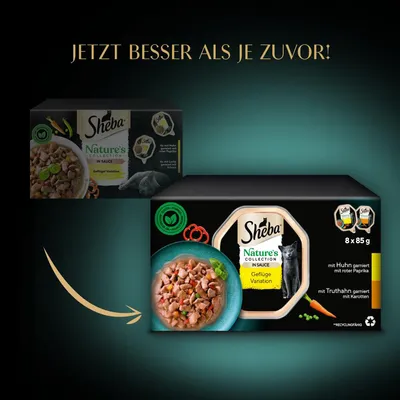 Comparaison de l’ancien et du nouveau packaging Sheba Nature’s Collection in Sauce Geflügel Variation, 8 x 85 g. Texte en allemand : Jetzt besser als je zuvor!