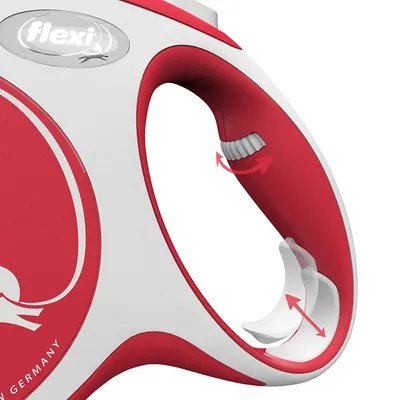 Flexi hundkoppel med ergonomiskt handtag och röd design. Synlig spakmekanism för längdjustering.