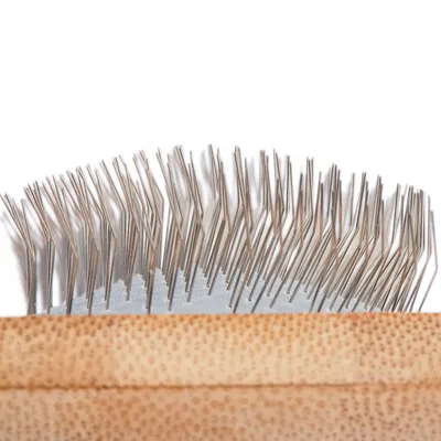 Close-up of a brush with fine metal bristles and a wooden handle.