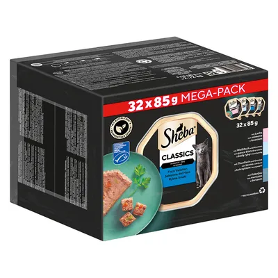 Sheba Classics Fisch Variation, 32×85 g MEGA-PACK. Ilustrace porce krmiva na talíři, certifikát MSC, obrázek kočky a příchutě: losos, bílé ryby, tuňák, treska.