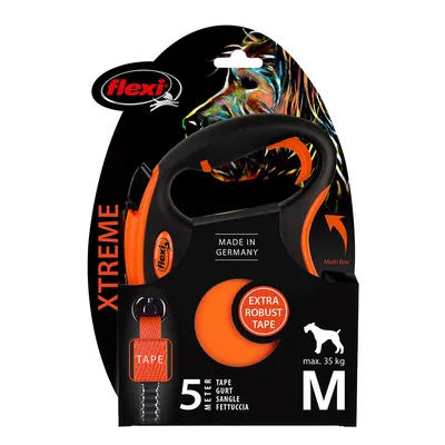 Laisse à enrouleur Flexi XTREME, 5 mètres, taille M, pour chiens jusqu’à 35 kg. Texte visible : Extra robust tape, Made in Germany, Multi Box.