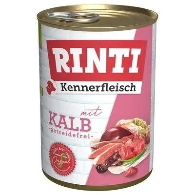 Blik Rinti Kennerfleisch mit Kalb, getreidefrei. Afbeelding van vlees en groenten op het etiket. Tekst in het Duits zichtbaar.