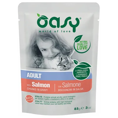 Oasy Adult con salmone, bocconcini in salsa. Ingredienti animali freschi, vitalità: proteine animali ad alto valore biologico. Confezione da 85g.